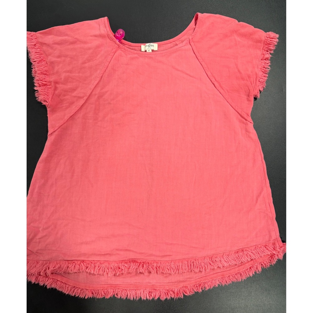 Umgee USA Coral Pink Linen Blend Fringe Trim Short Sleeve Top Blouse Medium
